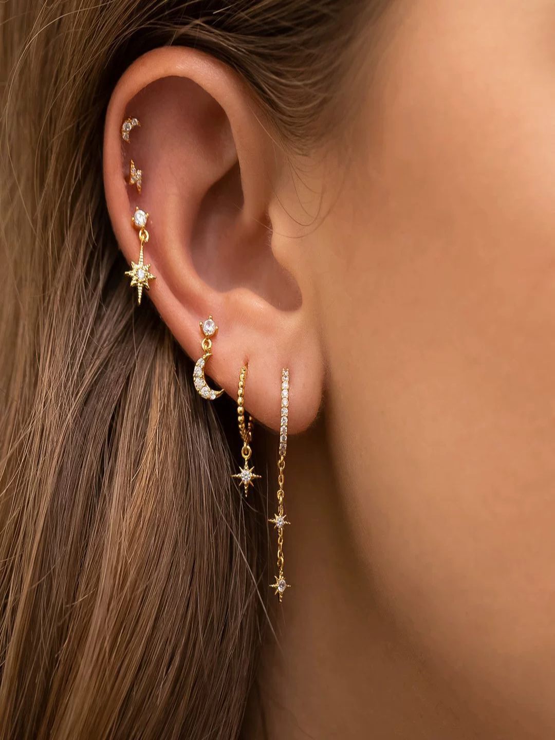 AQUASTREET Set of 6 Single Ear 18K Plated Antitarnish Star Moon Zircon Earring Set-picture-48