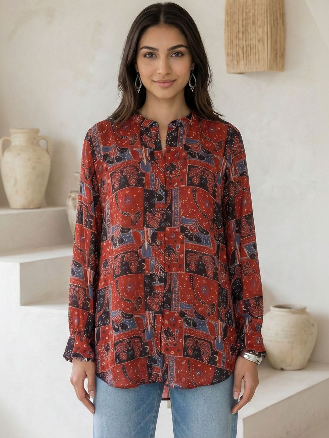 Folk Song Print Mandarin Collar Ethnic Top-picture-28