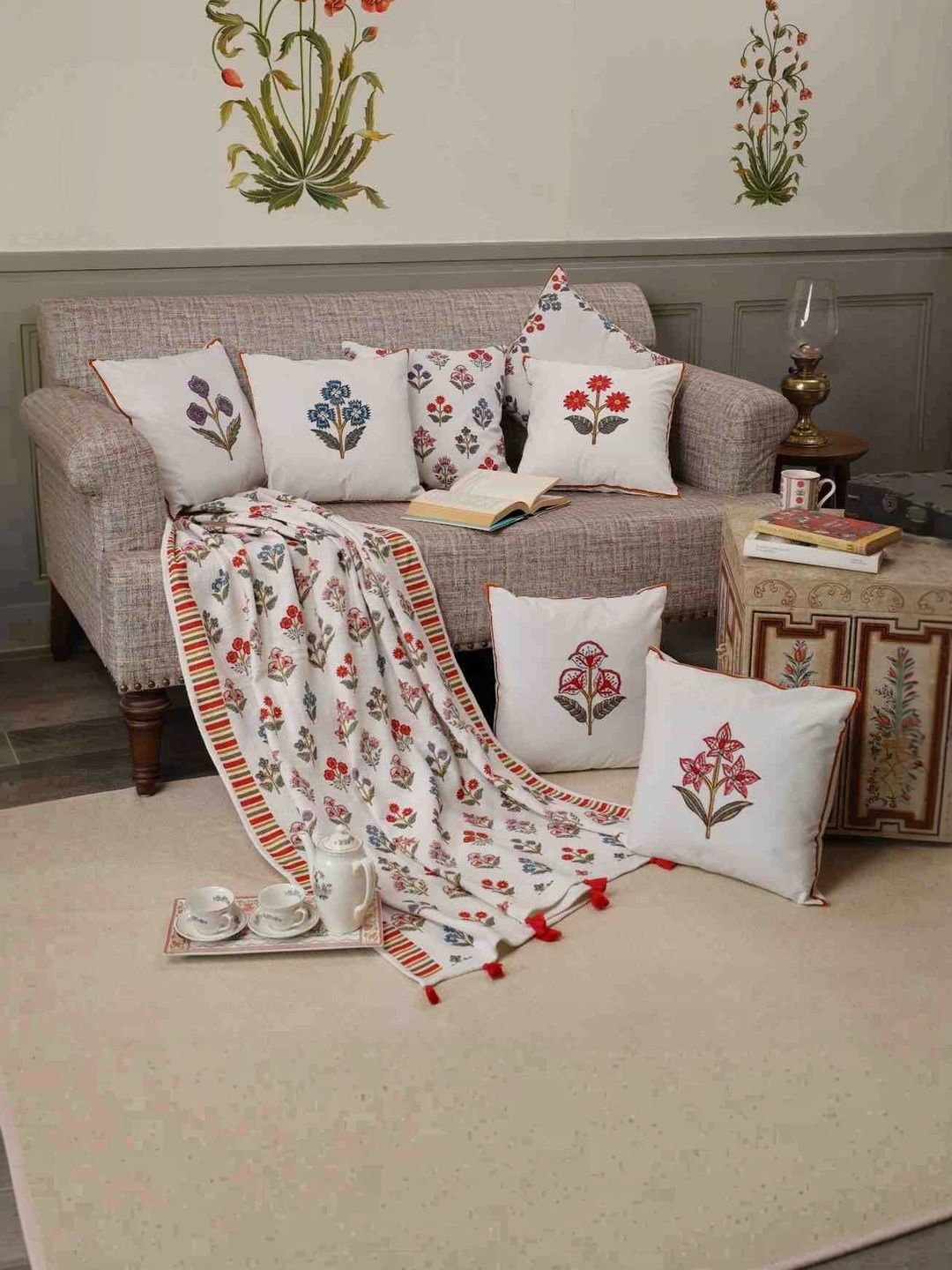 Sangria White The Heritage Mughal Floral Set Of 8 Cushion Covers with Throw-16x16Inch Each-image-12
