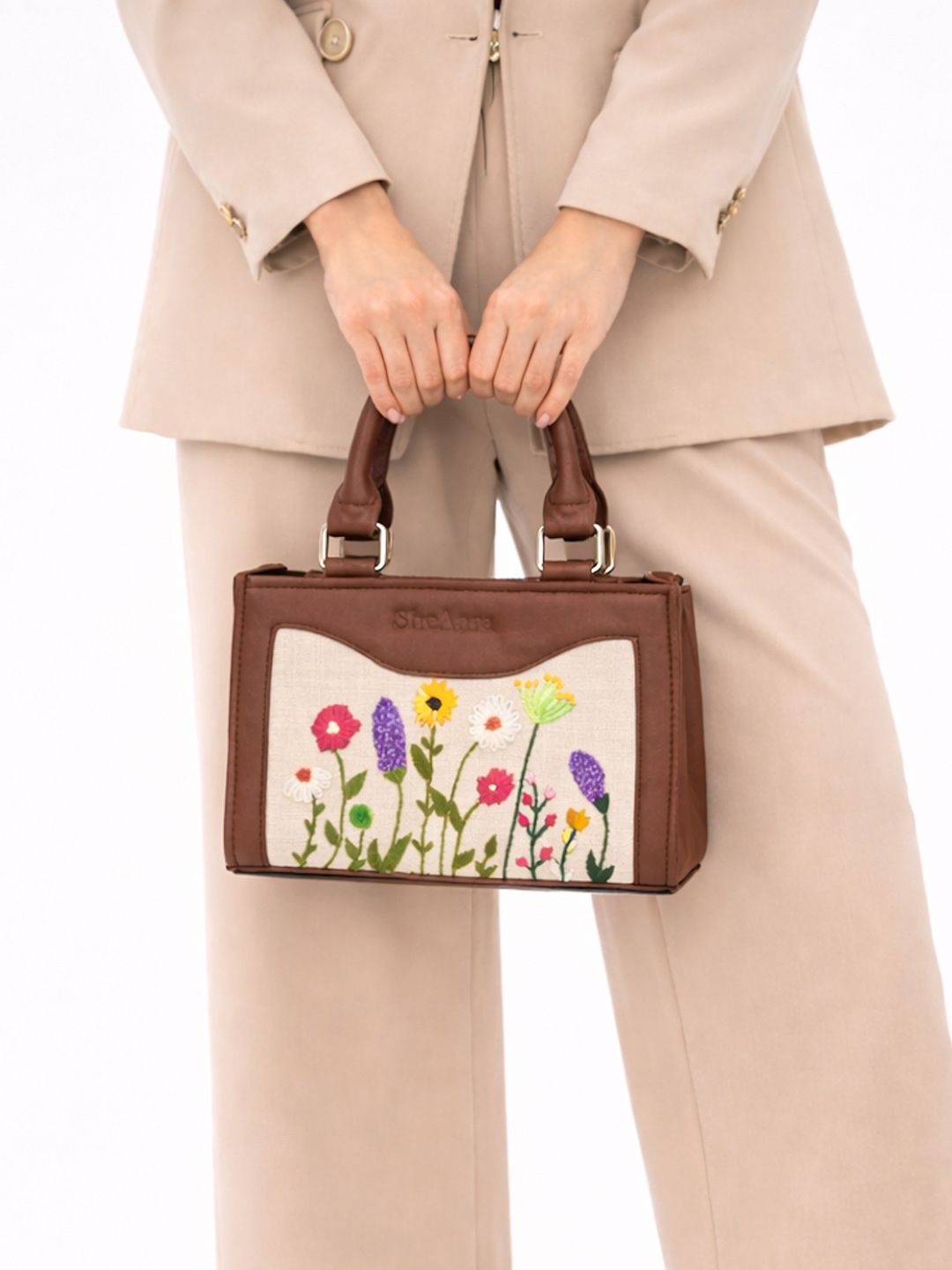 SheAara Women Signature Hand Embroidered Floral Two Handle Detachable Strap Handbag-picture-28