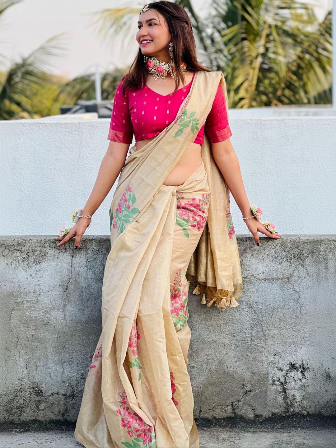 all about you Cream Cotton Linen Soft Silk Saree-picture-29