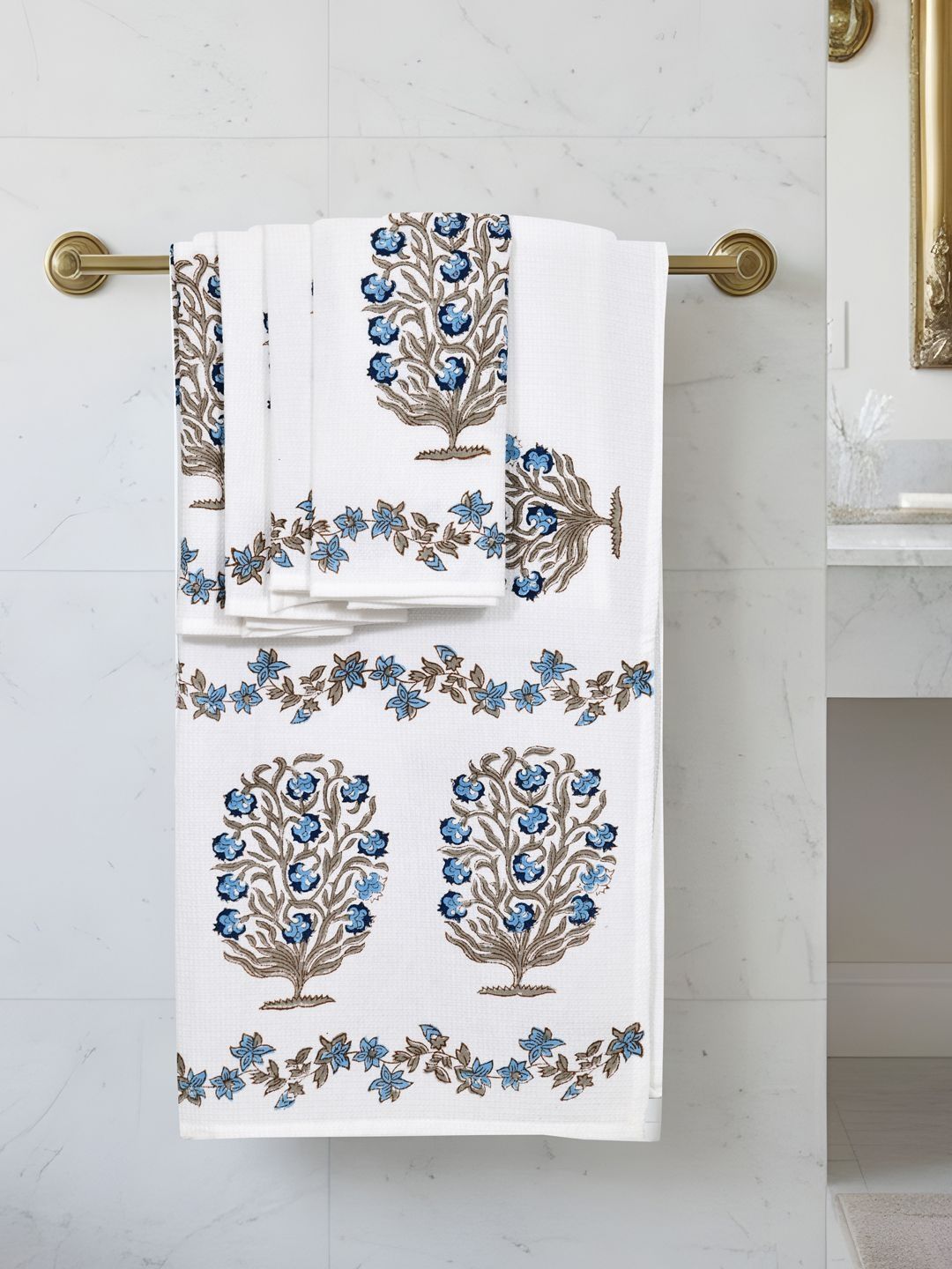 BLOCKS OF INDIA Blue & Brown 5 Piece Printed Cotton 200 GSM Towel Set-picture-9