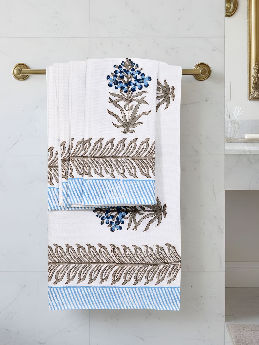 BLOCKS OF INDIA Blue & White 5 Piece Printed Cotton 200 GSM Towel Set-picture-46