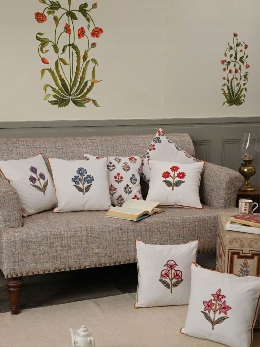 Sangria White The Heritage Mughal Floral Cotton Set Of 7 Cushion Covers-16x16 Inch Each-image-2