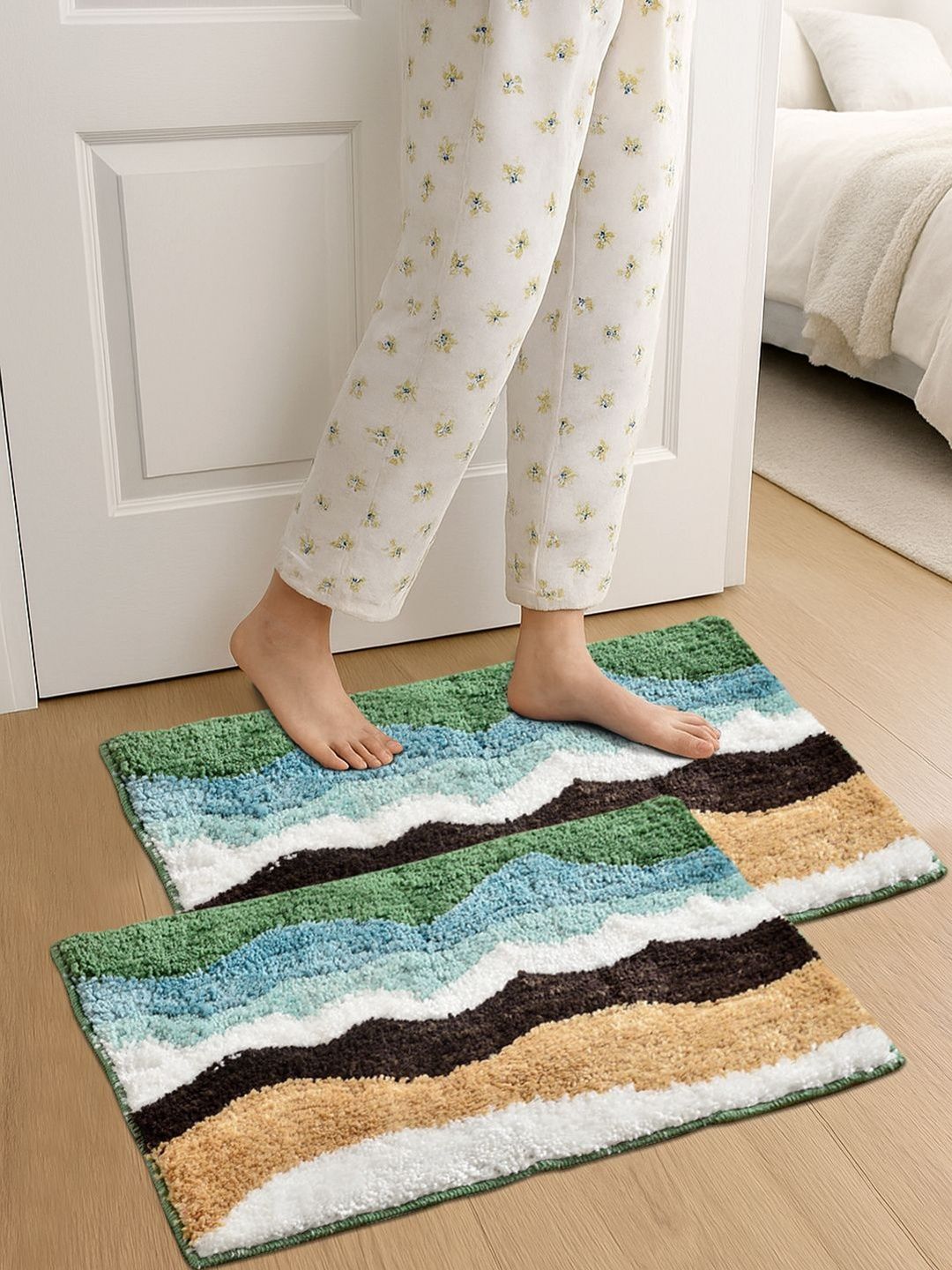 FABINALIV Set Of 2 White & Green Self-Design Anti-Skid Doormat-picture-36