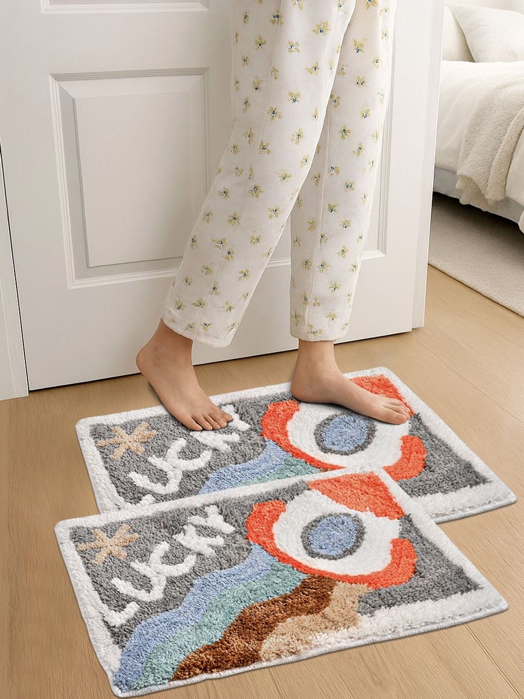 FABINALIV Set Of 2 White & Grey Self-Design Anti-Skid Doormat-picture-18