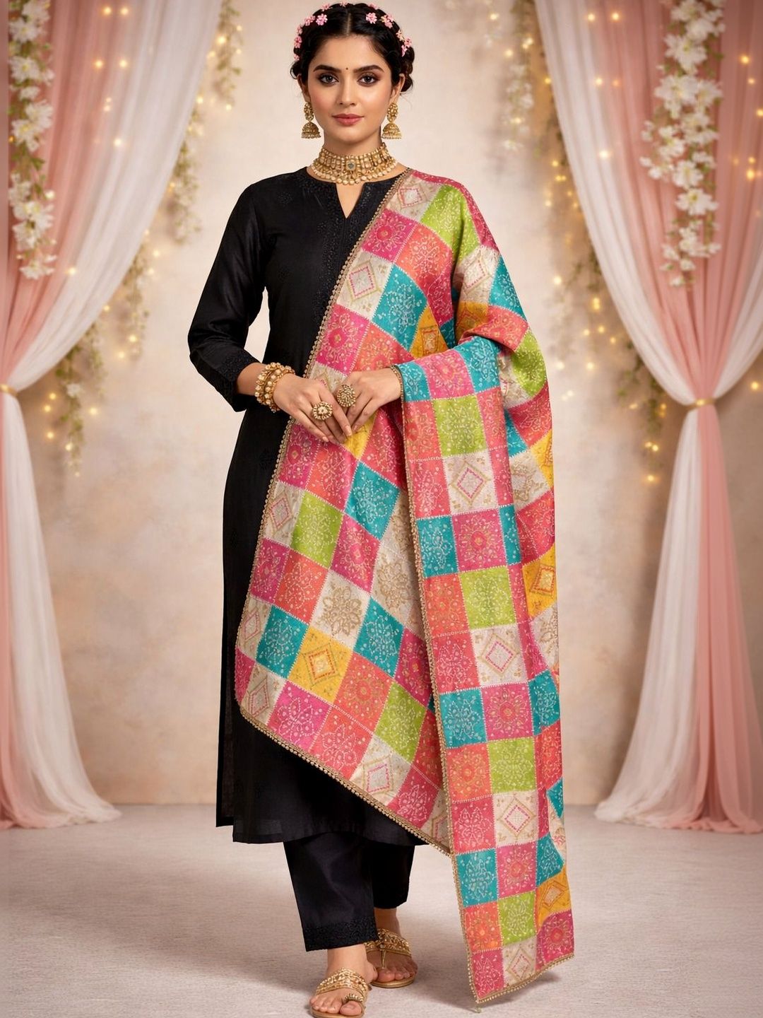YUGAVEERAA Printed Bandhani Dupatta with Gotta Patti-picture-32