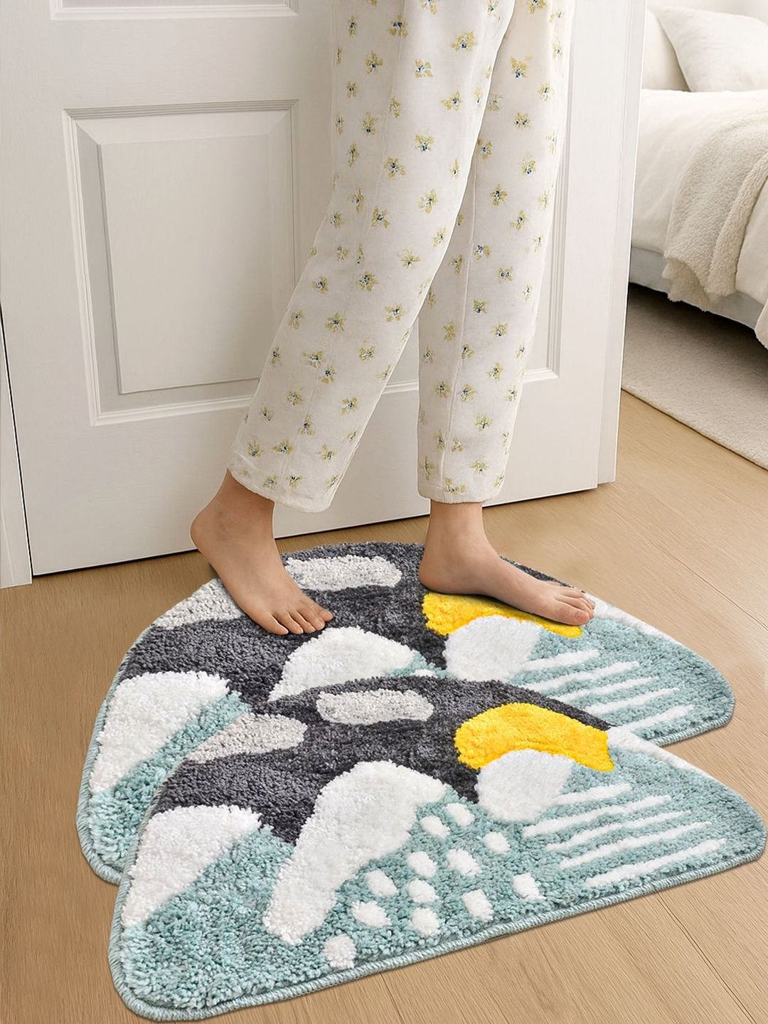FABINALIV Set Of 2 White & Grey Self-Design Anti-Skid Doormat-picture-20