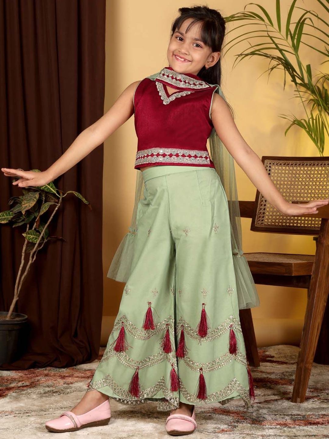 BAESD Girls Embroidered Regular Sequinned Top with Palazzos & With Dupatta