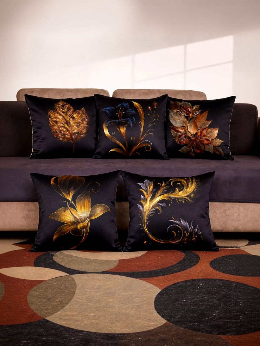 Vendola Black & Golden Floral Printed 5 Pieces Satin Square Cushion Covers-20x20 inch-image-1