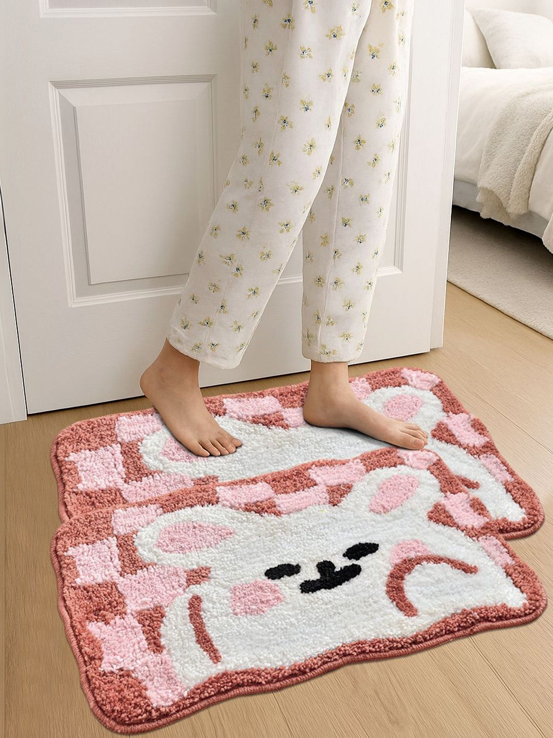 FABINALIV Set Of 2 White & Pink Self-Design Anti-Skid Doormat-picture-48