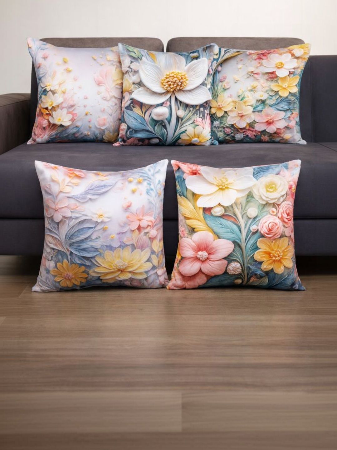Vendola Pink & White Set of 5 Floral Satin Square Cushion Covers-image-17