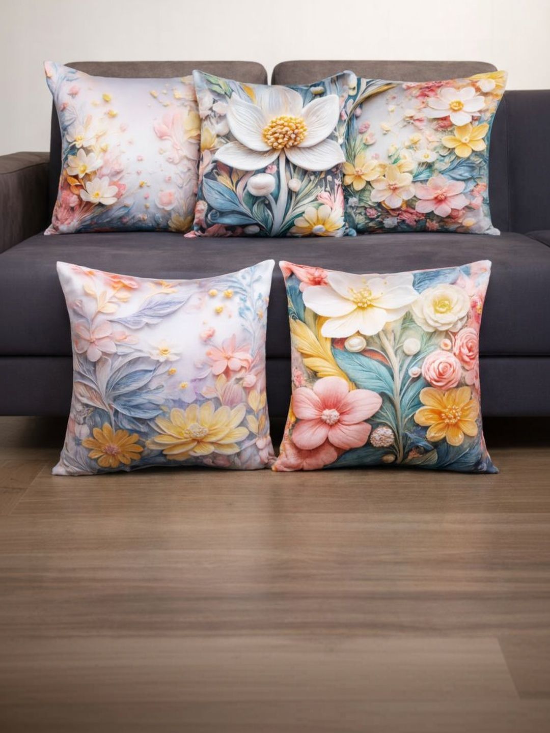 Vendola Pink & White Floral Printed 5 Pieces Satin Square Cushion Covers-12x12 inch-image-46