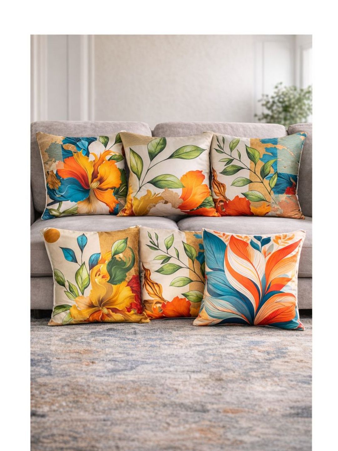 Vendola Blue Floral 5 Pieces Satin Square Cushion Covers-16x16 inch-image-2