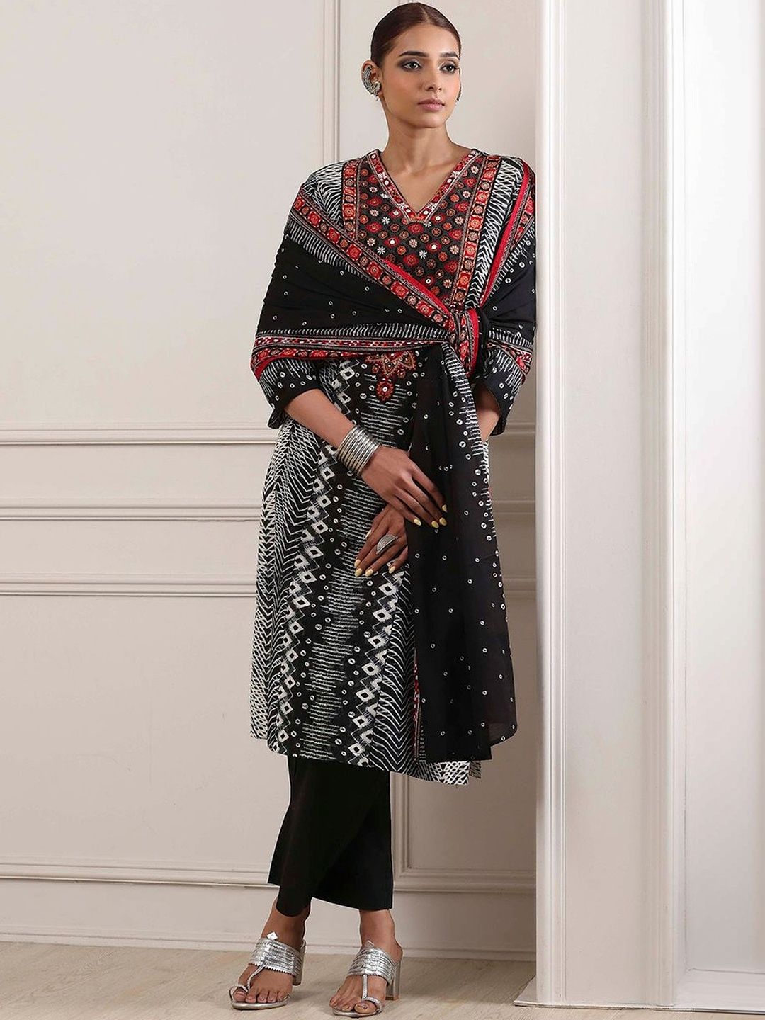 Biba Women Ethnic Motifs Printed Angrakha Thread Work Pure Cotton Kurta with Trousers & With Dupatta-picture-34