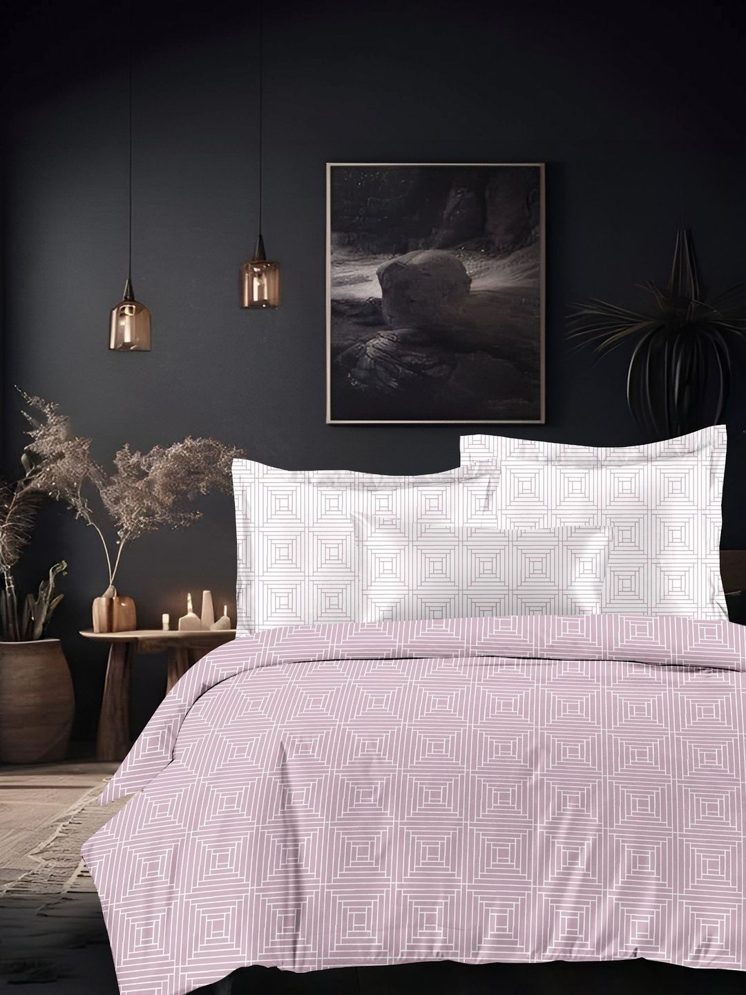 Sleeping Owls White Geometric 300 TC Bedsheet with 2 Pillow Covers-picture-53