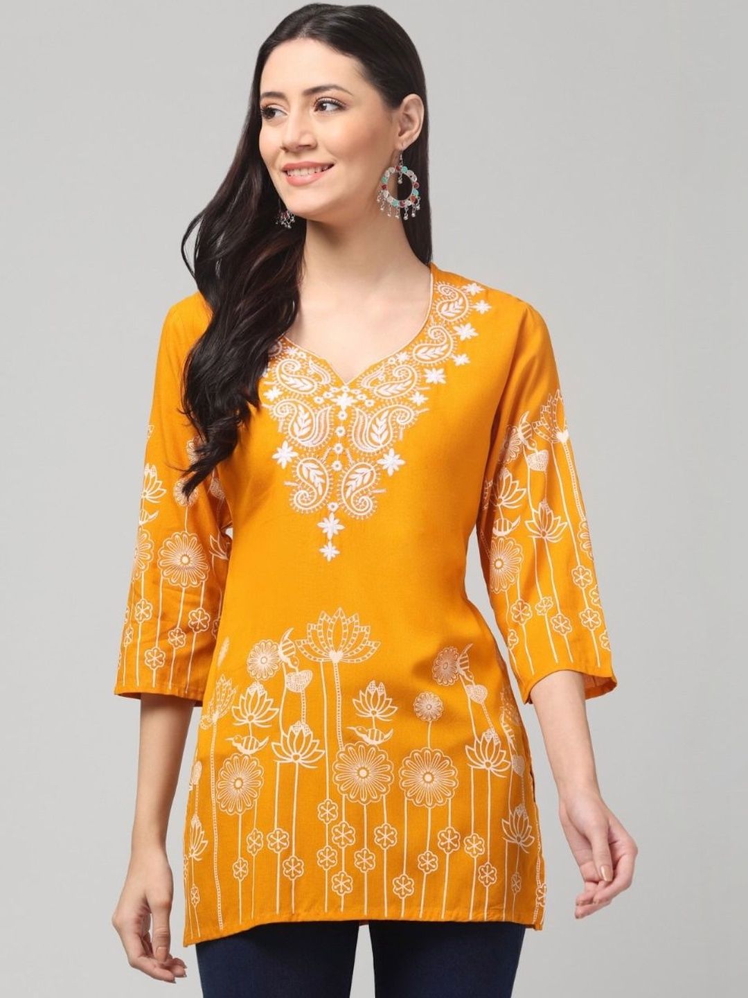 SYNTHIFY Floral Embroidered V-Neck Kurti-picture-1