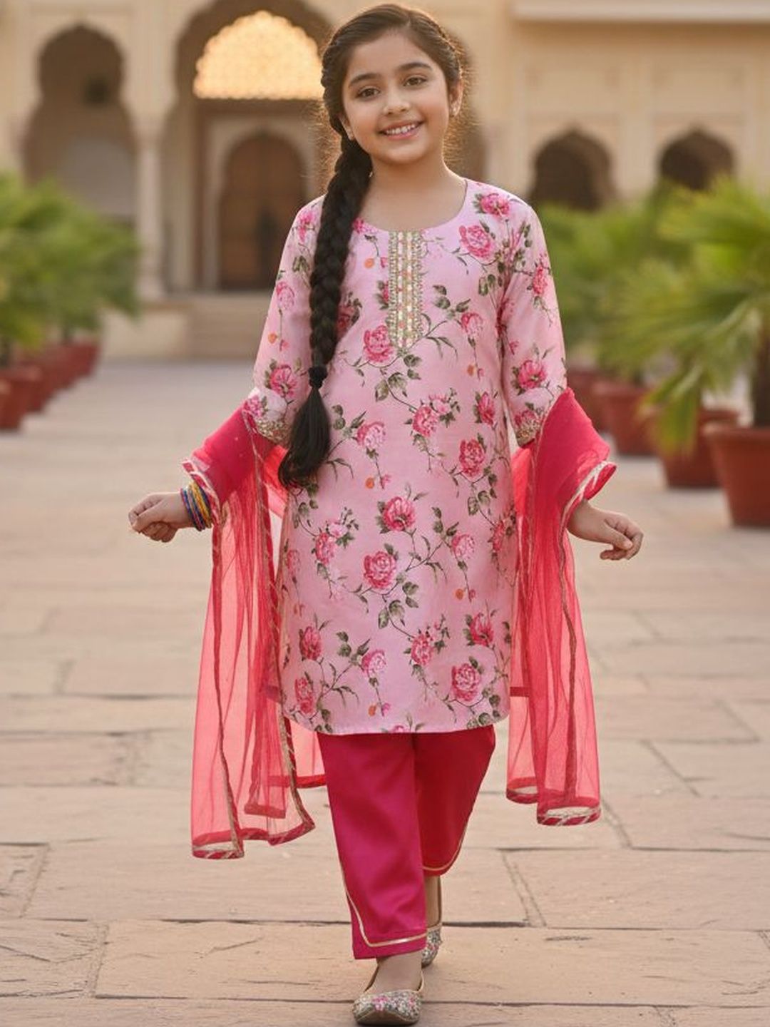 Sangria Girls Floral Printed Chinon Round Neck Straight Kurta With Palazzos & Dupatta