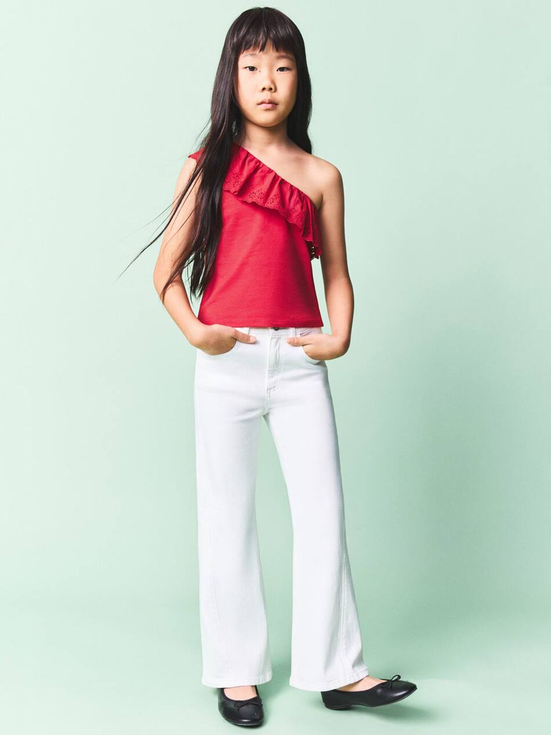 Mango Kids Girls One Shoulder Ruffles Cotton Top