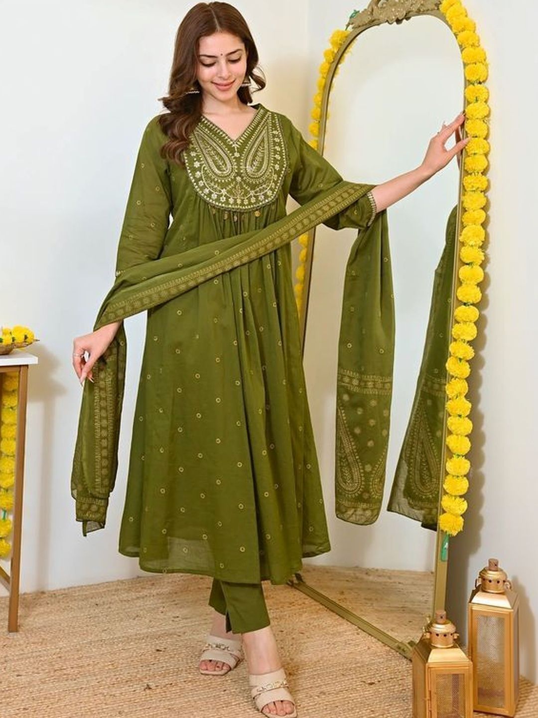 MYRIE Women Ethnic Motifs Embroidered Empire Thread Work Chanderi Cotton Kurta with Trousers & With Dupatta-picture-23