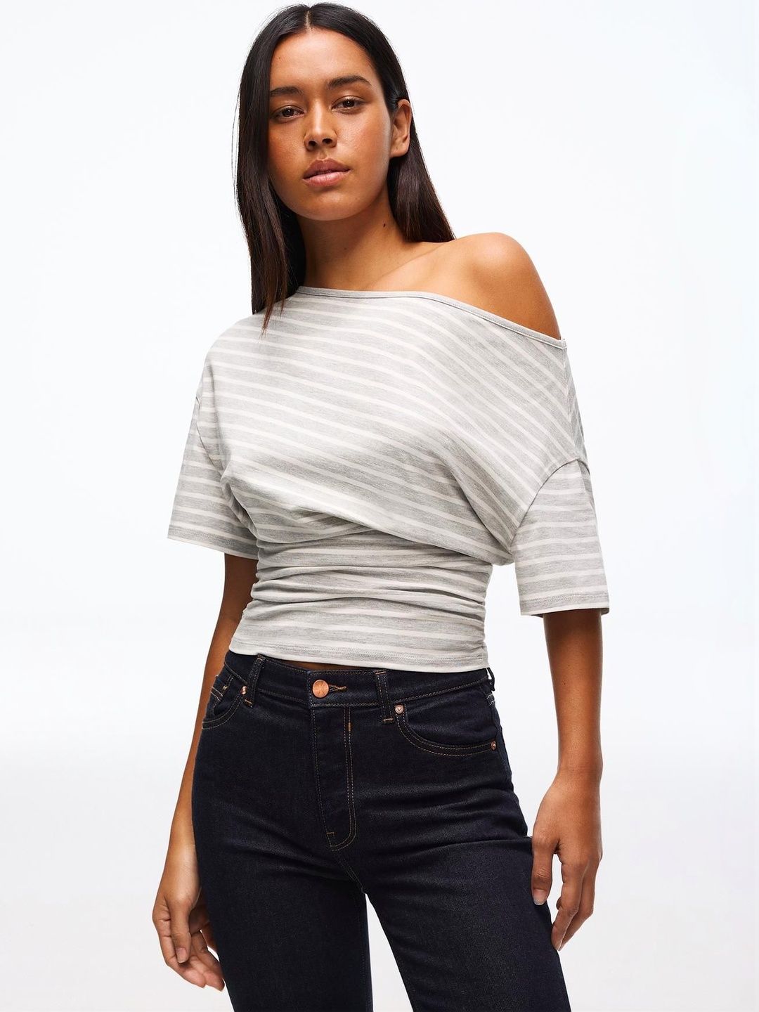 Bershka Women Striped Dolman Sleeves T-shirt