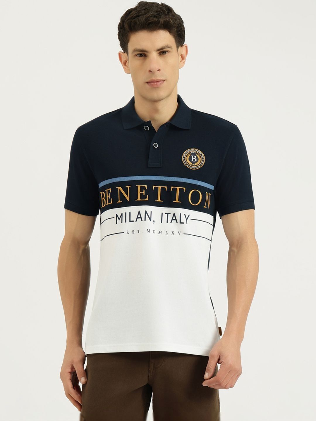 United Colors of Benetton Men Brand Logo Colourblocked Polo Collar Pure Cotton T-shirt-picture-41