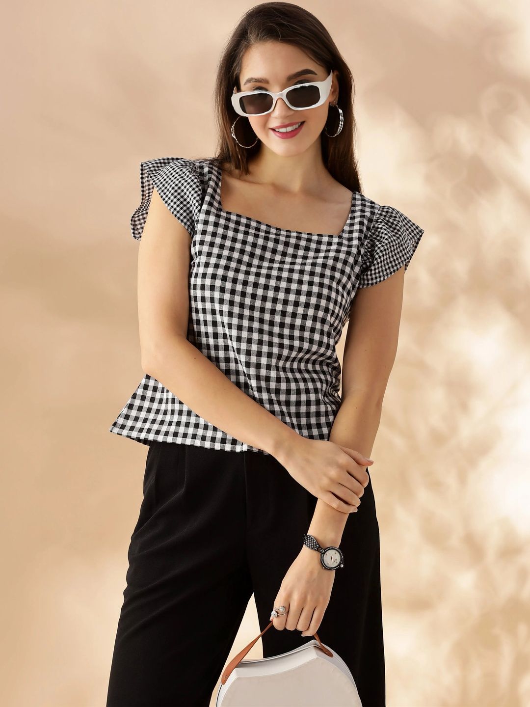 Anouk Checked Flutter Sleeve Cotton Top-picture-33
