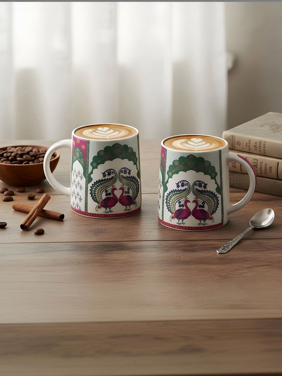 MIAH Decor Off White & Green 2 Pieces Ethnic Motifs Printed Ceramic Glossy Cups 330 ml-image-34