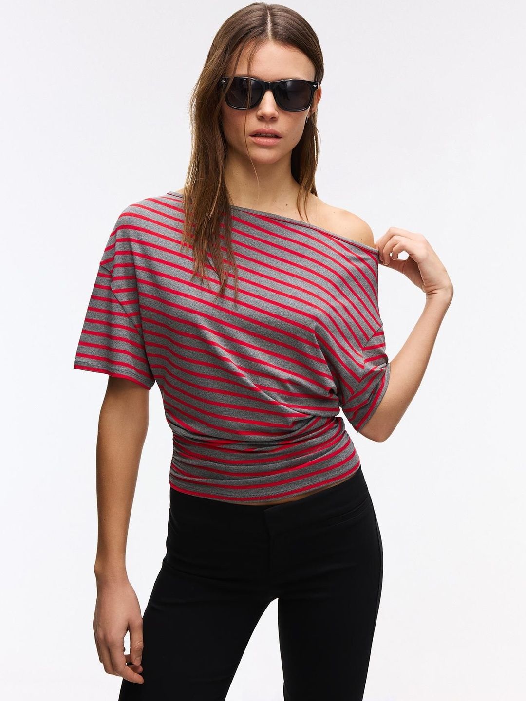 Bershka Women Striped Dolman Sleeves T-shirt