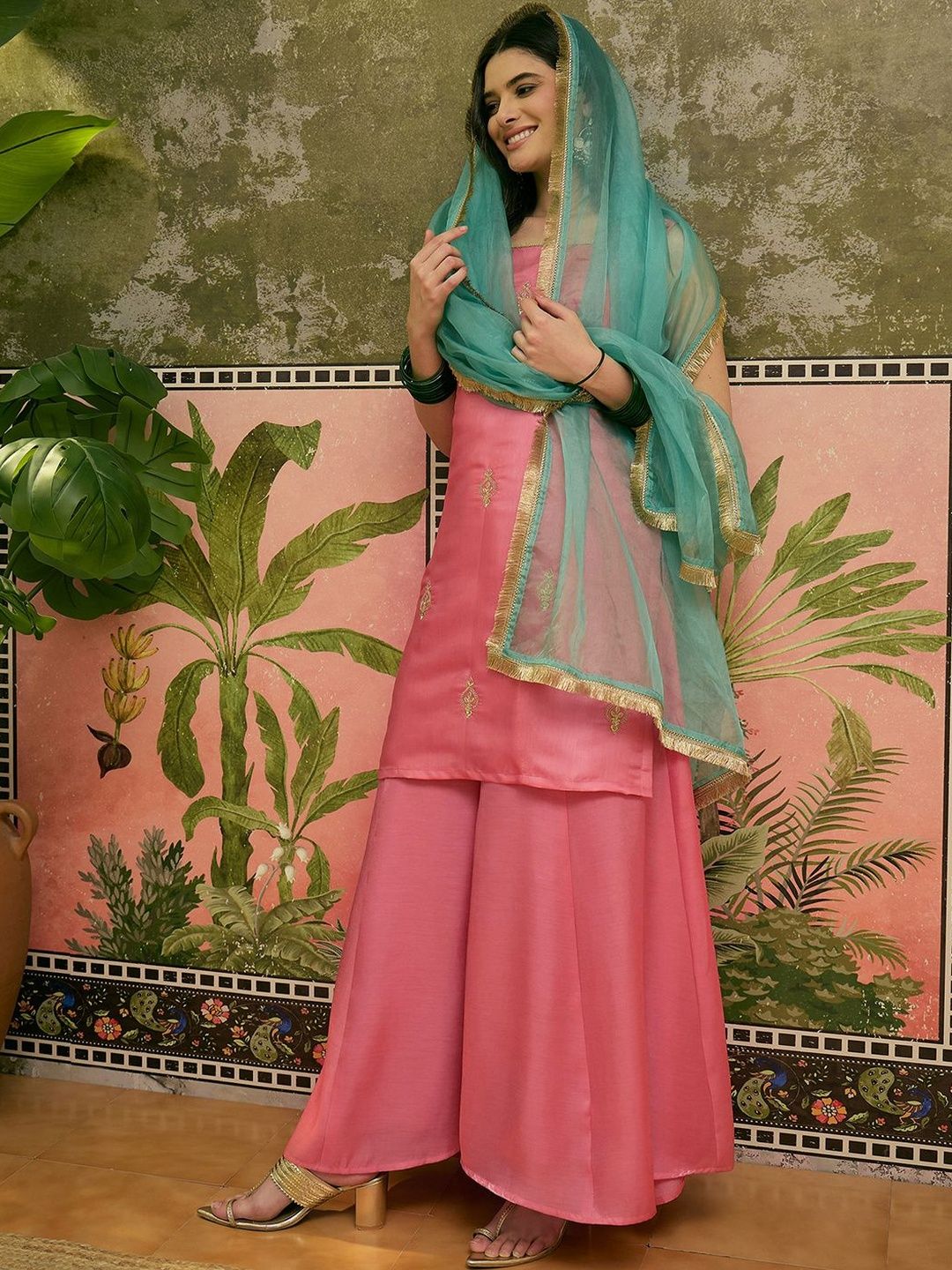 Sangria Sequinned Embroidered Square Neck Kurta & Palazzos With Dupatta-picture-43