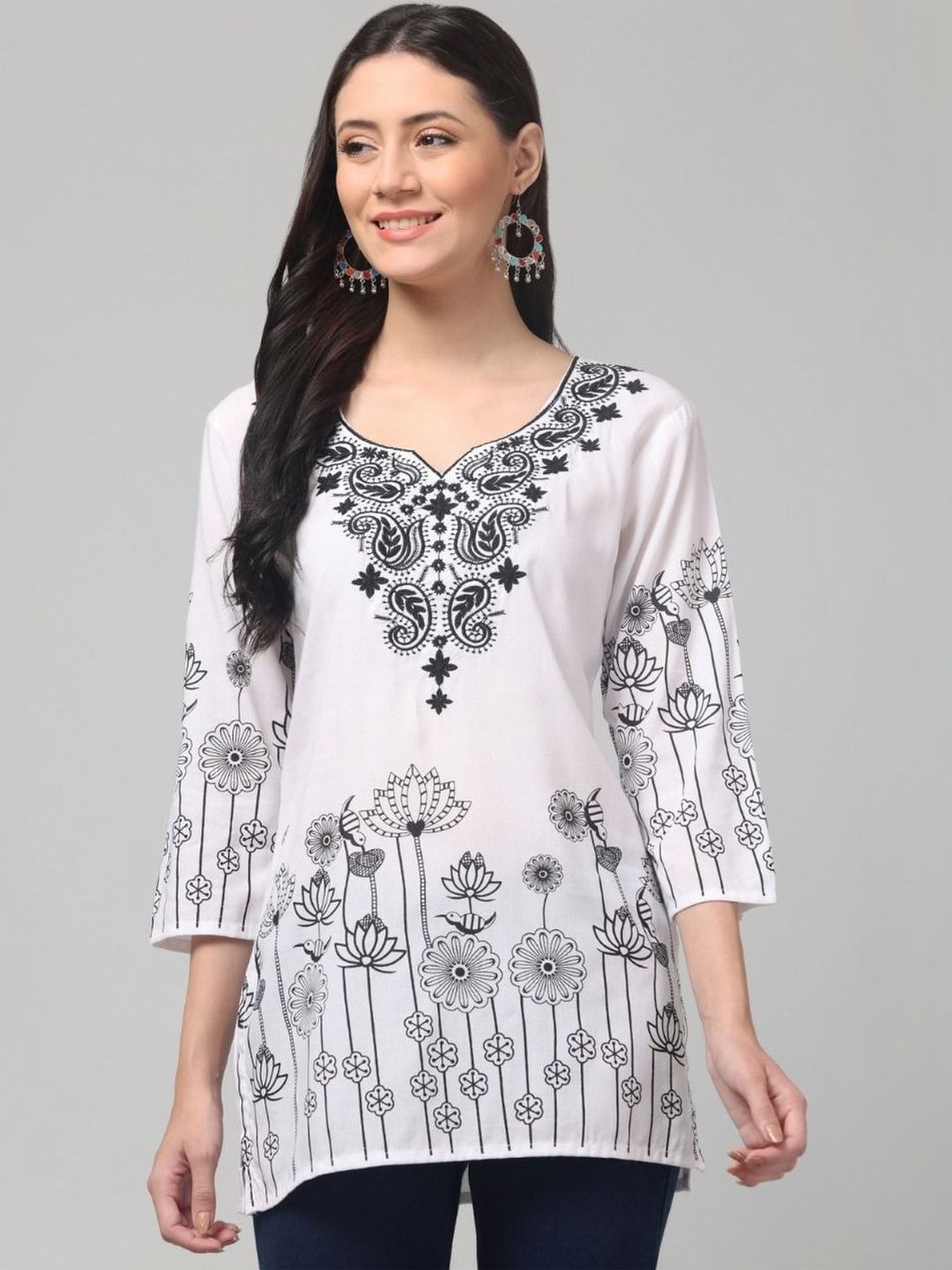 SYNTHIFY Floral Embroidered V-Neck Thread Work Thread Work Kurti-picture-10