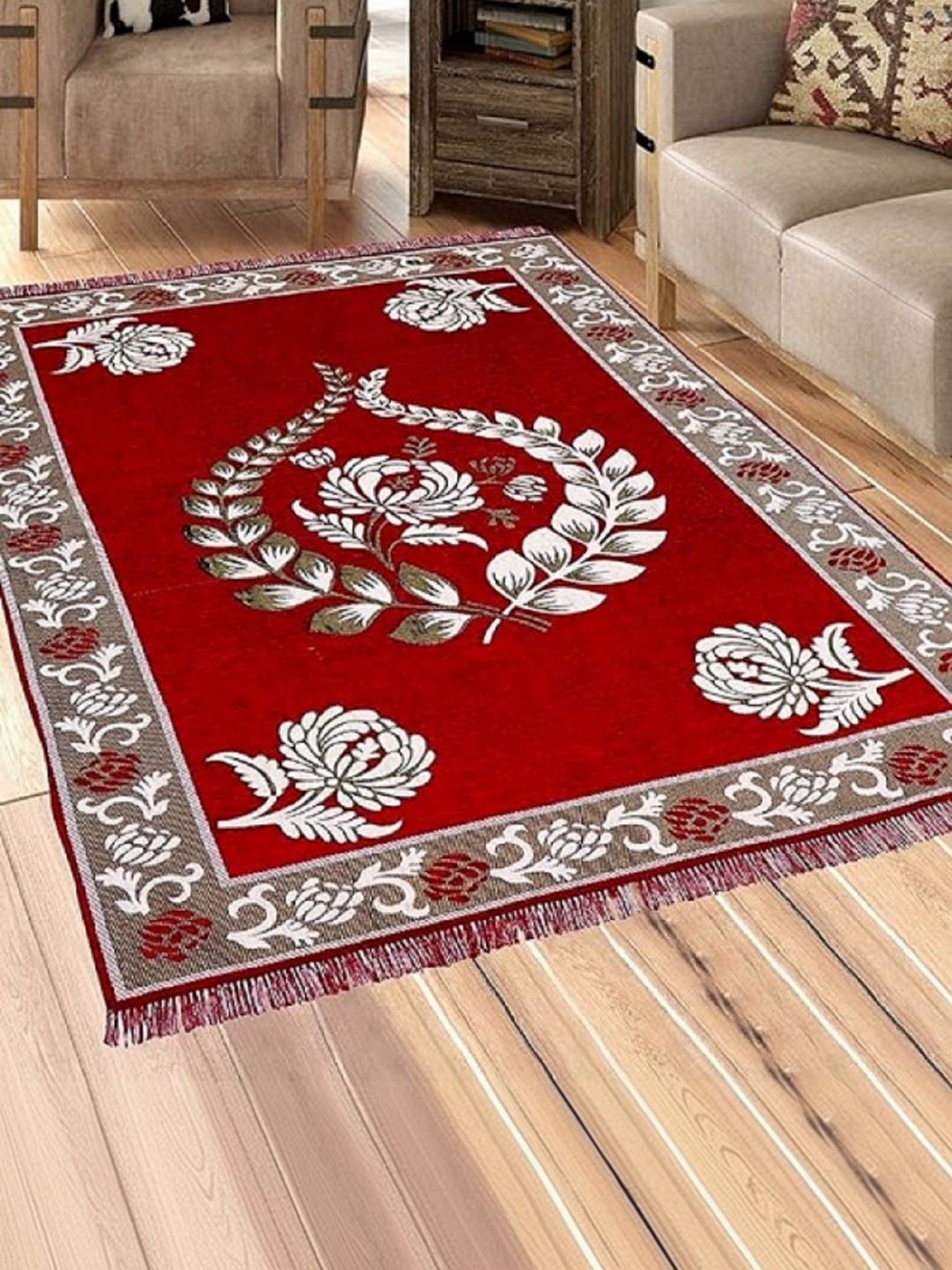 LUZDECOR Maroon Floral Anti-Skid Other Carpet-picture-46