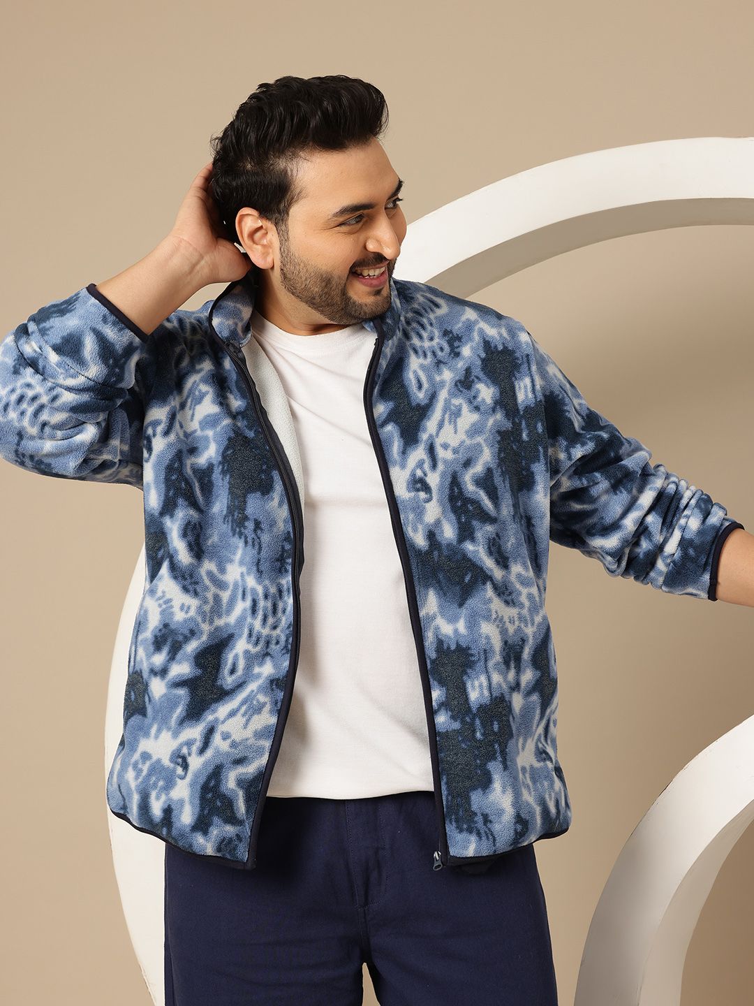 Sztori Plus Size Abstract Printed Stand Collar Fleece Tailored Jacket-picture-27