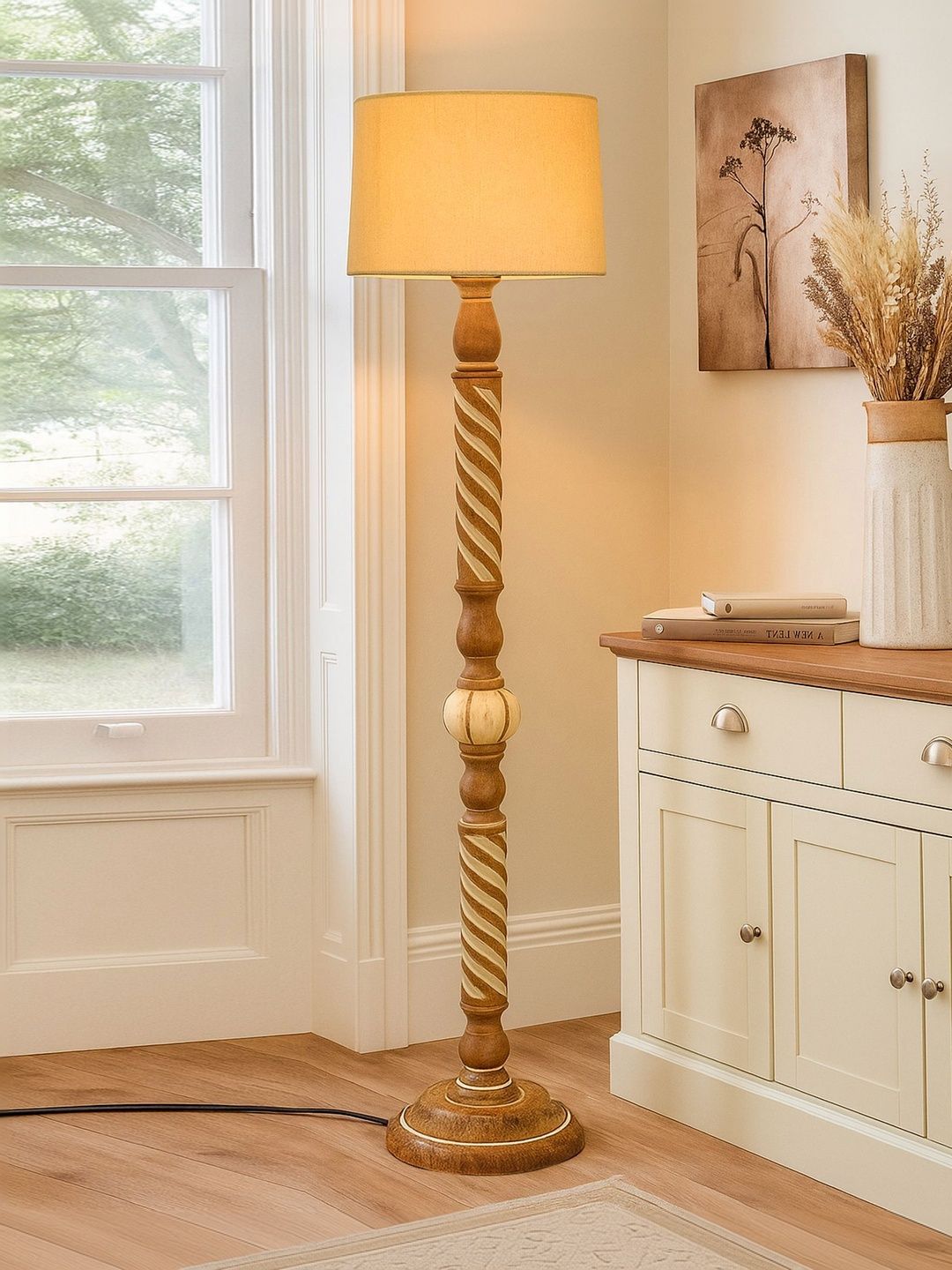 Glowhere Knot Yellow & Brown Textured Wood Cylinderical Shape Floor Lamp-picture-4