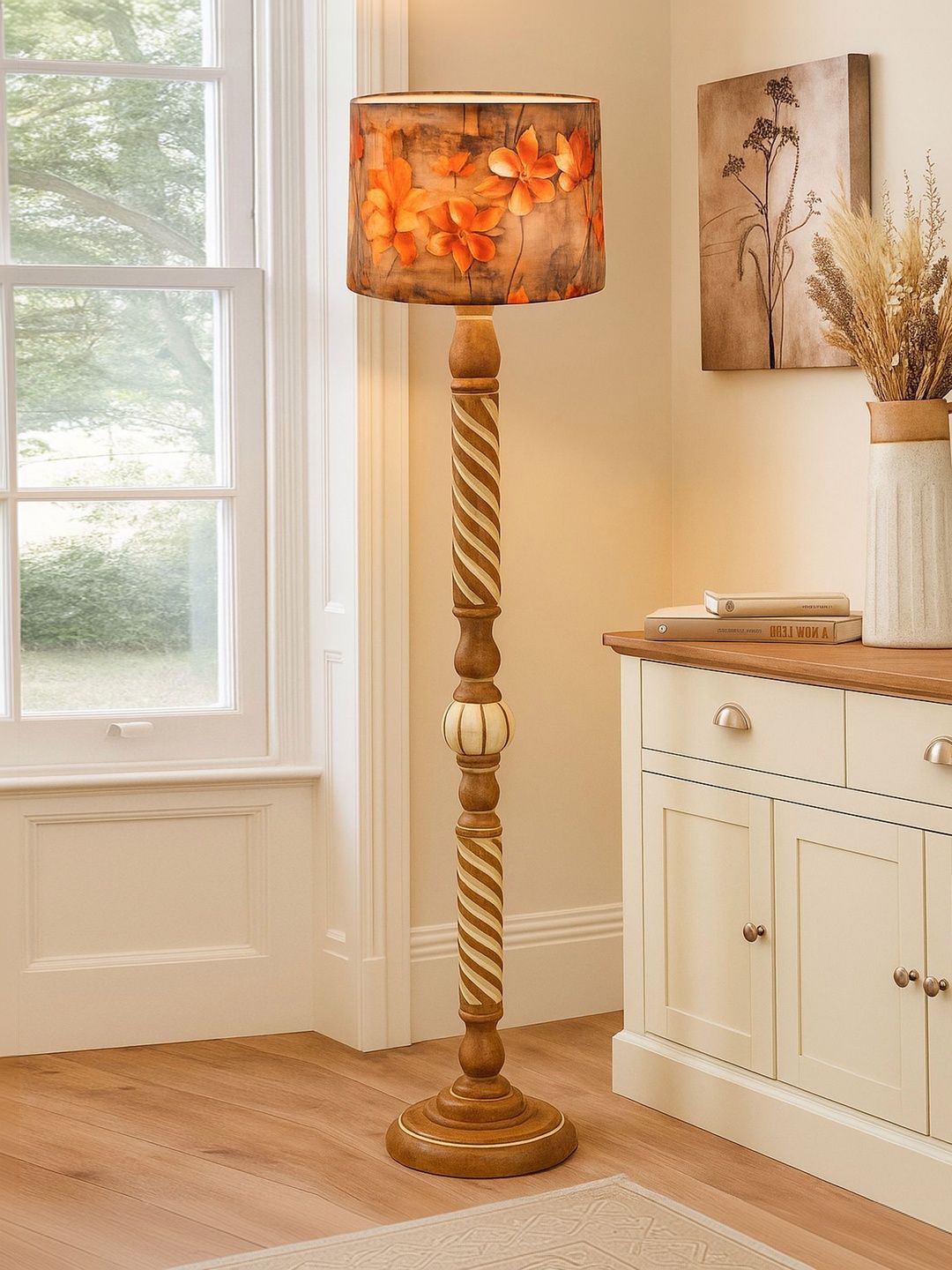 Glowhere Knot Orange & Brown Textured Wood Cylinderical Shape Floor Lamp-picture-1