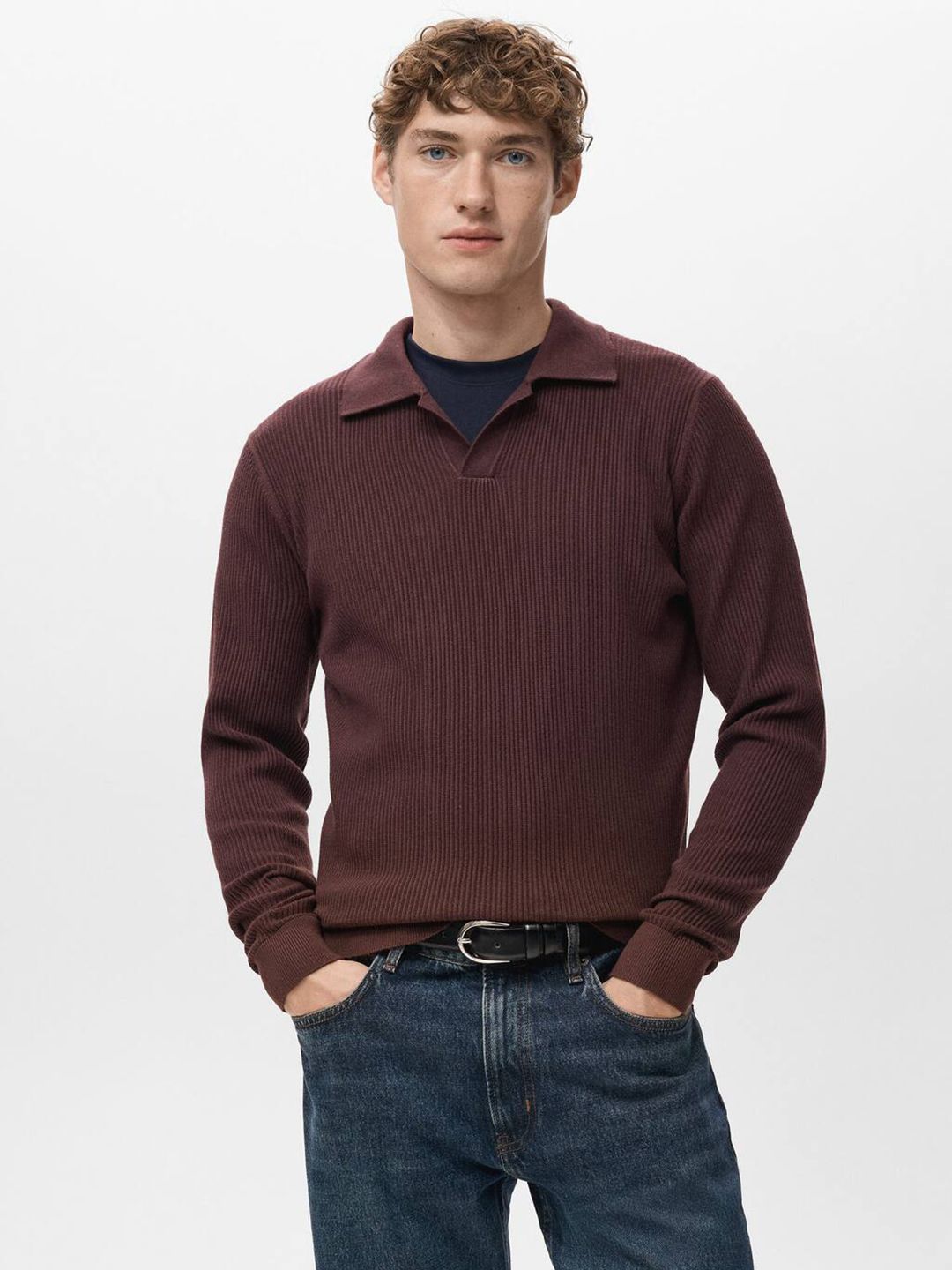 MANGO MAN Ribbed Polo-Collar Pullover