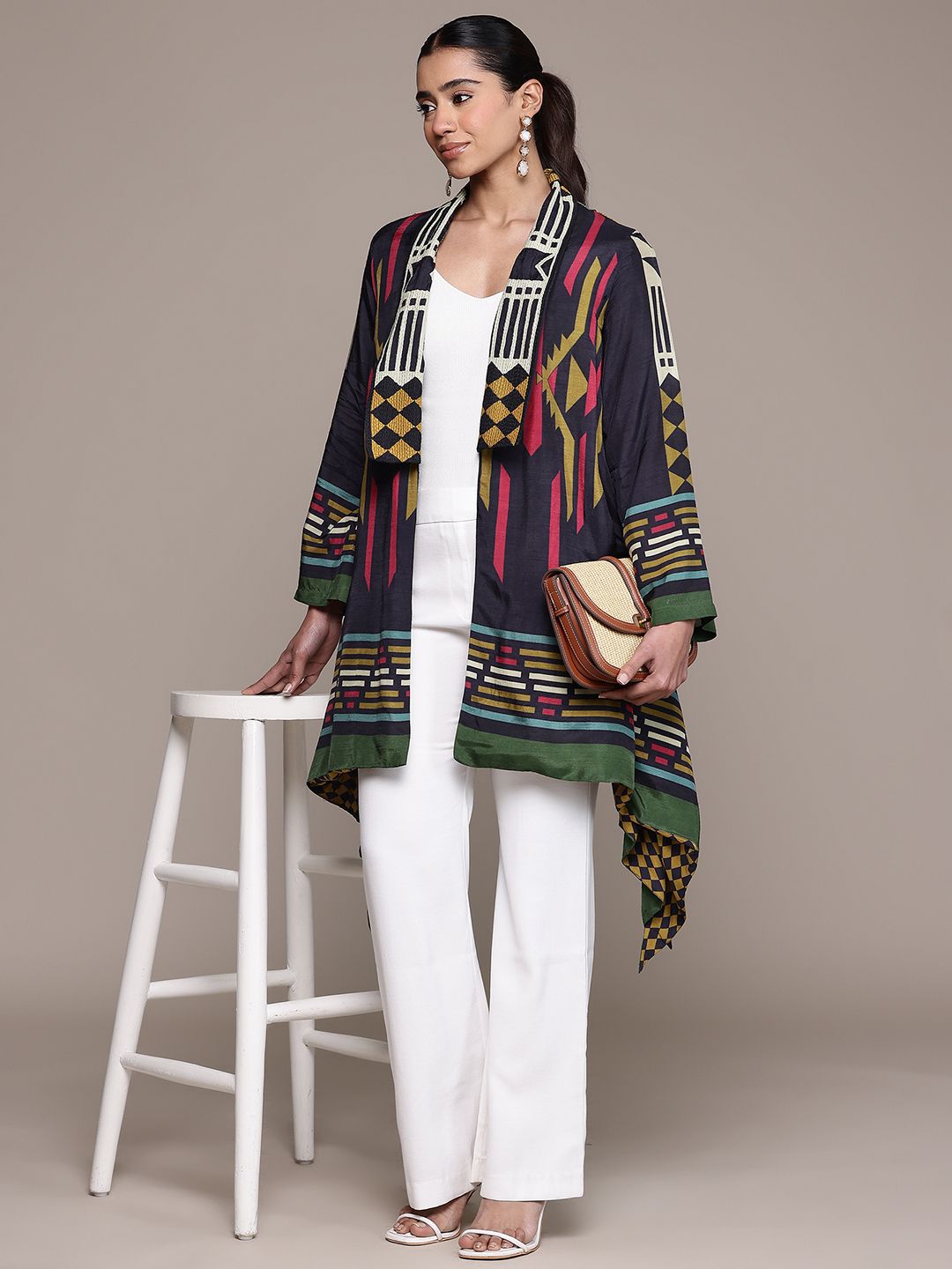 Ritu Kumar Geometric Printed Front-Open Longline Shrug with Thread Work Detail-image-18