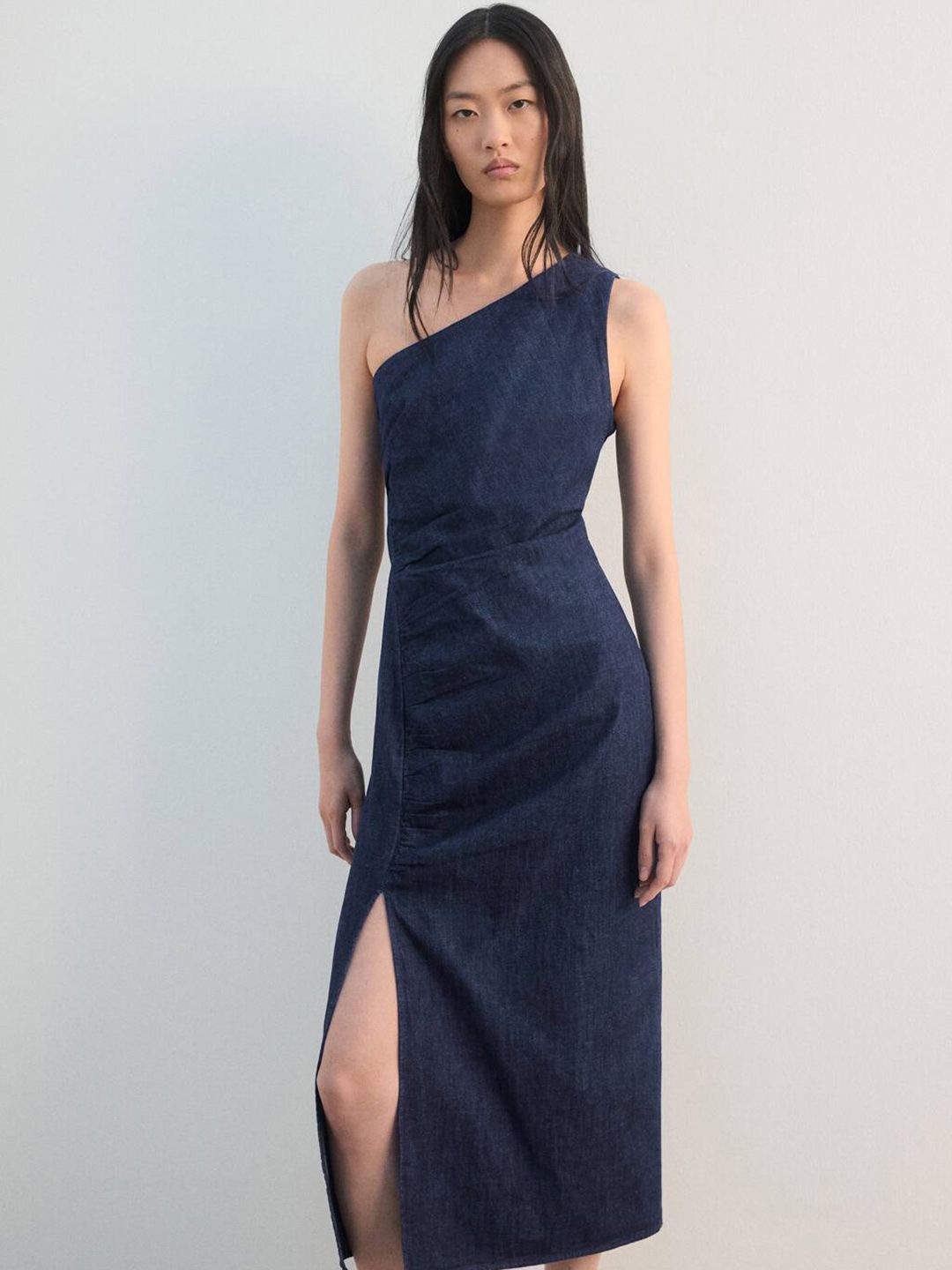 MANGO Denim One Shoulder Pure Cotton Sheath Midi Dress-picture-40