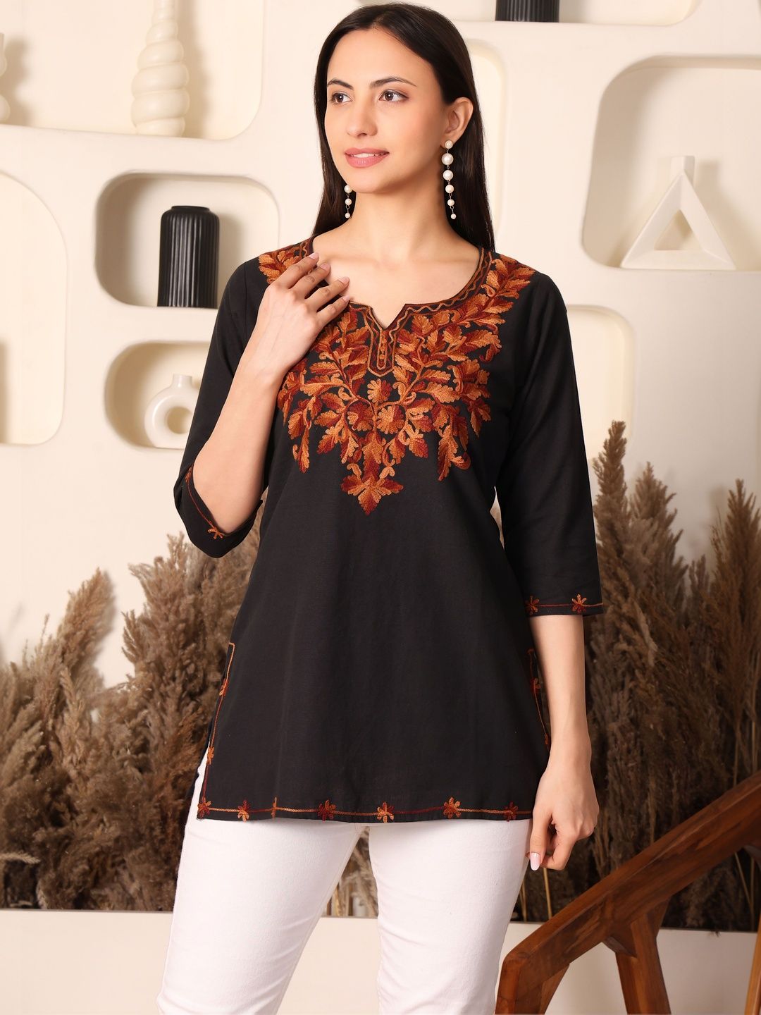 Taziraa Floral Embroidered V-Neck Pure Cotton Blend Khadi Kurti-picture-19