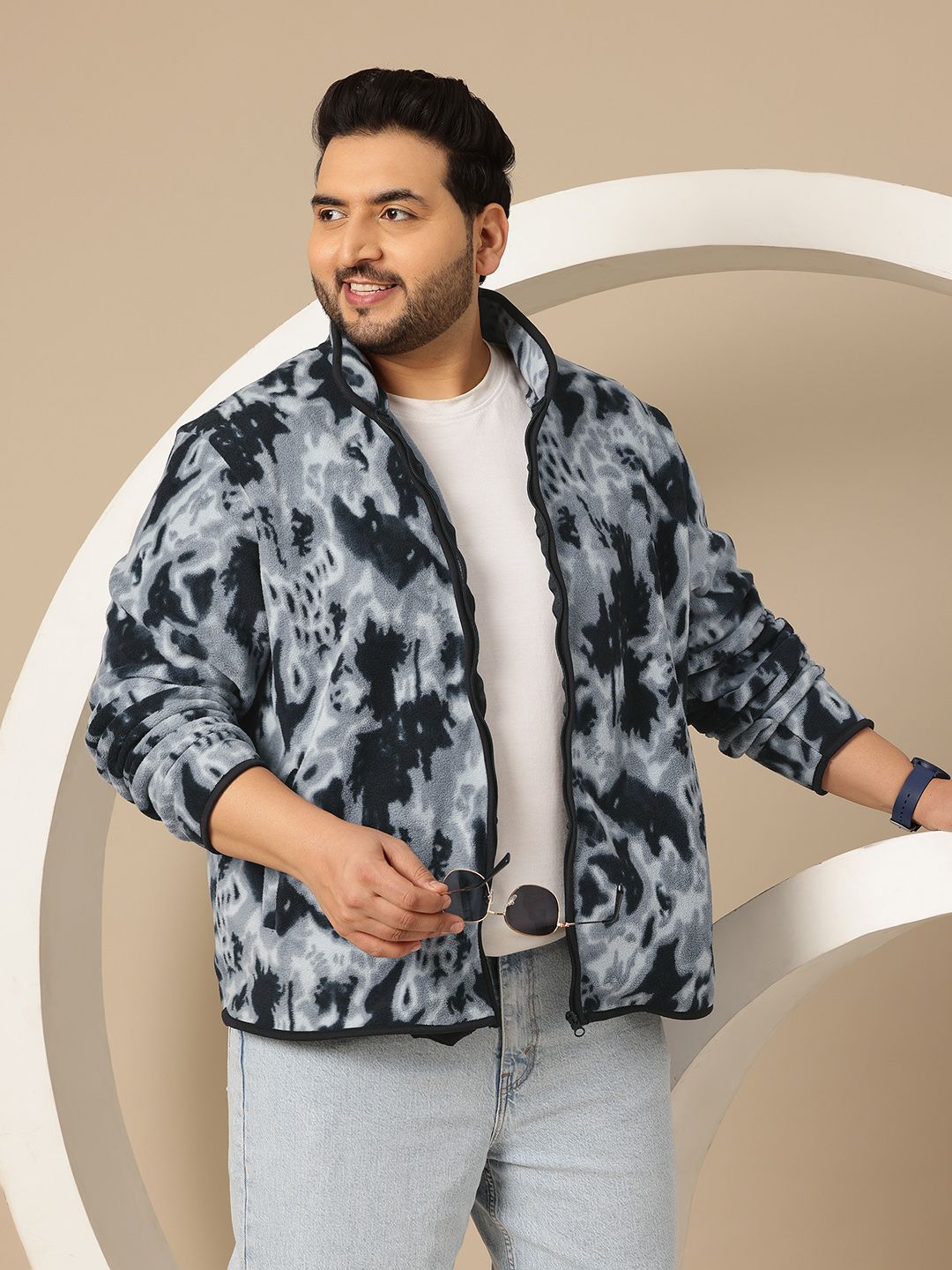 Sztori Plus Size Abstract Printed Stand Collar Fleece Tailored Jacket-picture-28