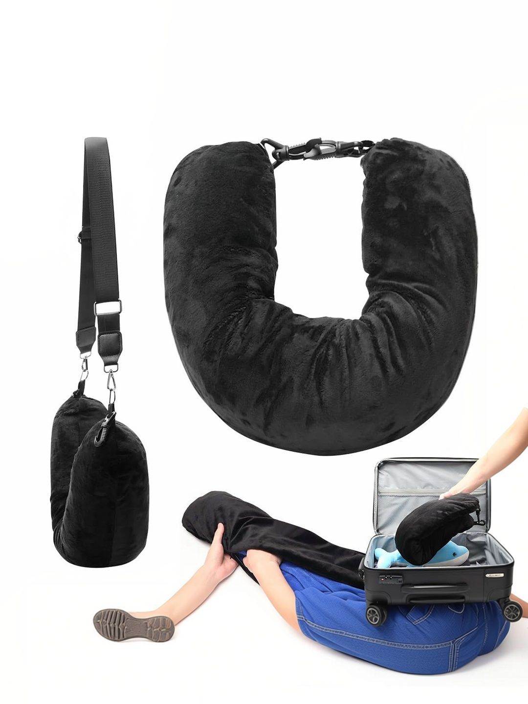 MAYCREATE Black Faux Velvet Ultra Soft Travel Pillow-picture-29