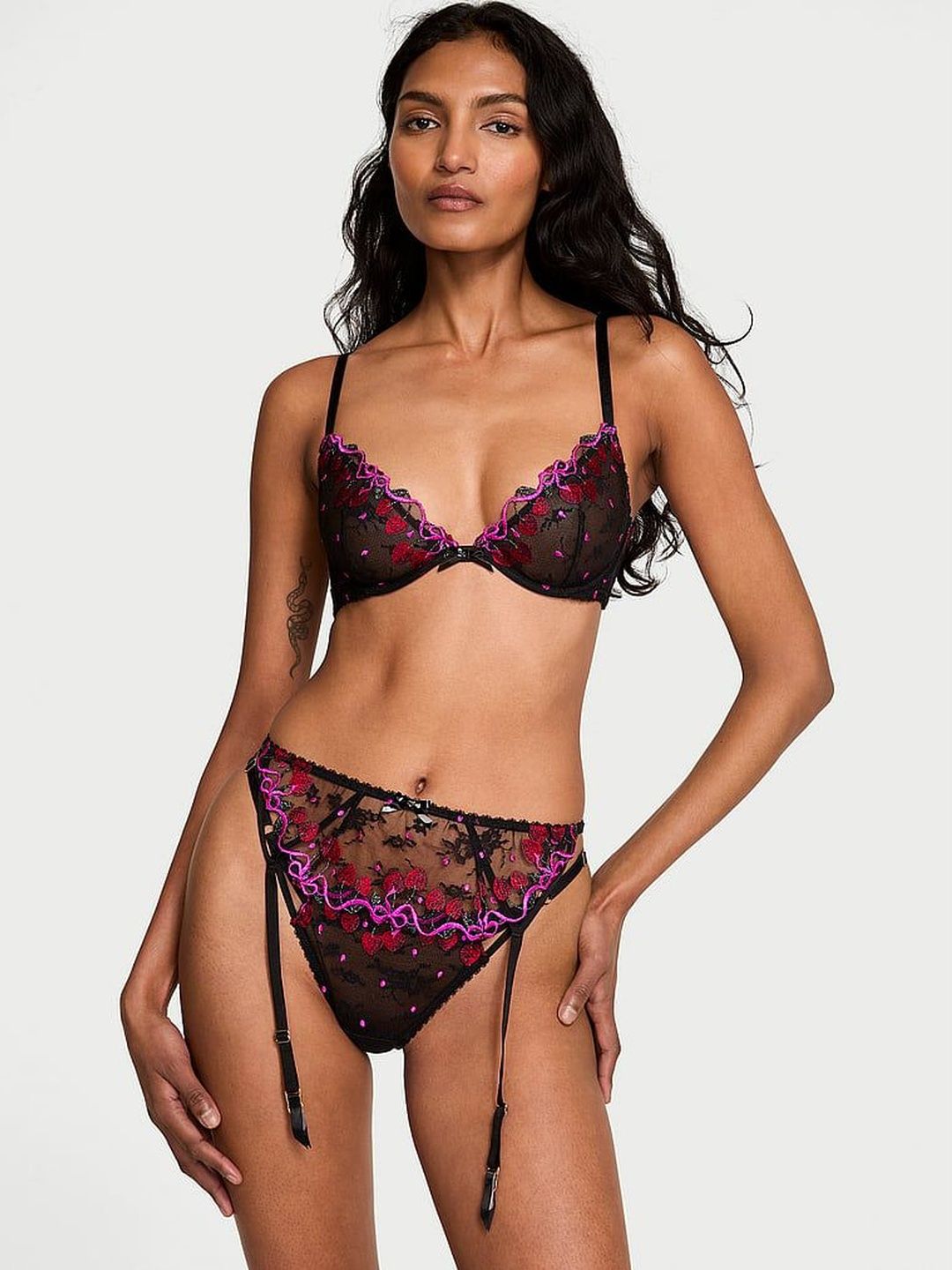 Victoria's Secret Cherry Red Self-Design Lace Strappy Garter Belt Briefs-picture-22