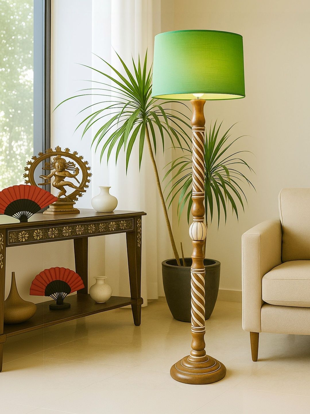 Glowhere Knot Green & Brown Textured Wood Cylinderical Shape Floor Lamp-picture-12