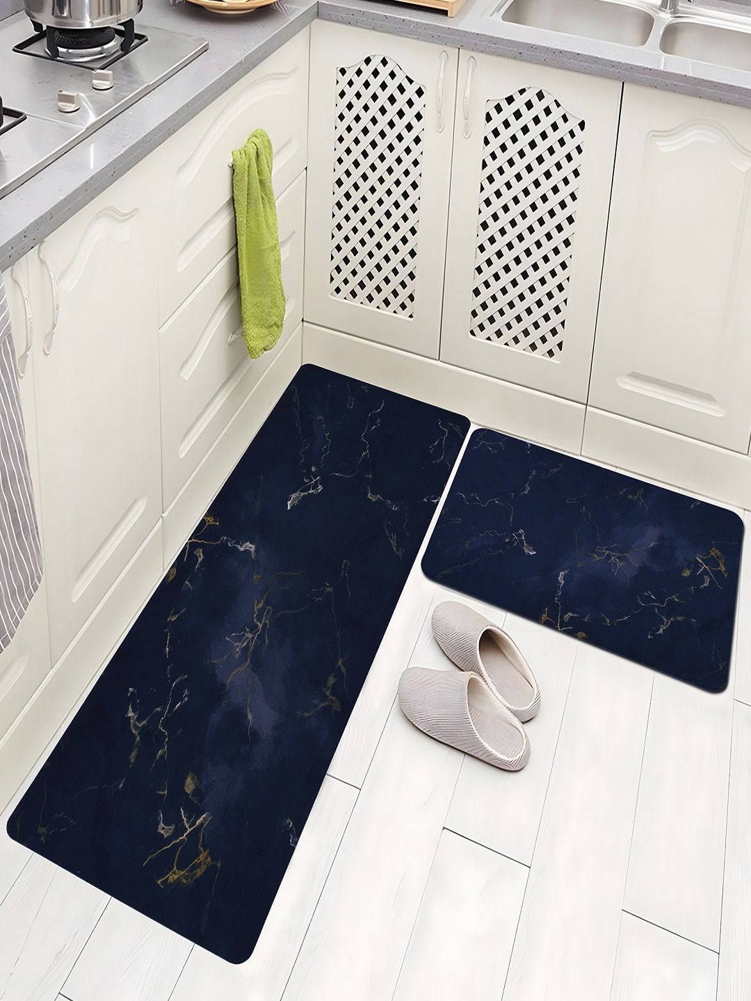 Aura Grey & Navy Blue Printed Anti-Skid 2Pcs Kitchen Mats-image-35