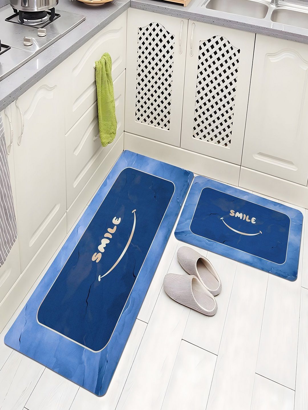 Aura Blue & White Printed Anti-Skid 2Pcs Kitchen Mats-picture-19