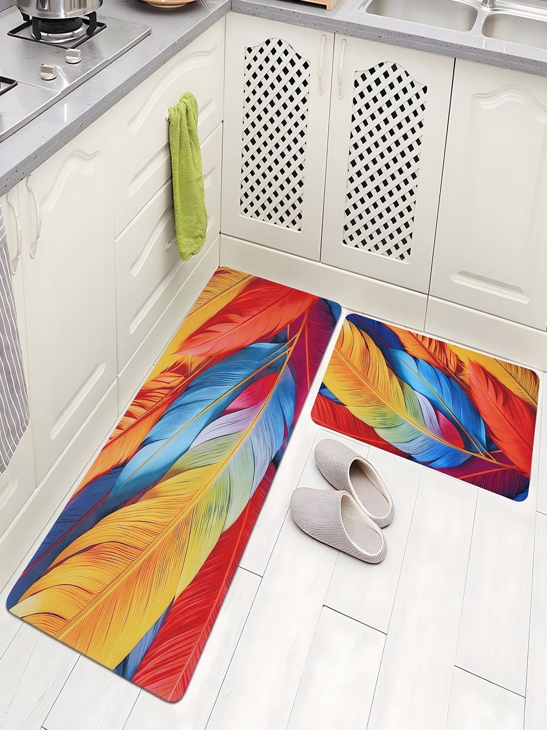 Aura Blue & Brown Printed Anti-Skid 2Pcs Kitchen Mats-image-31