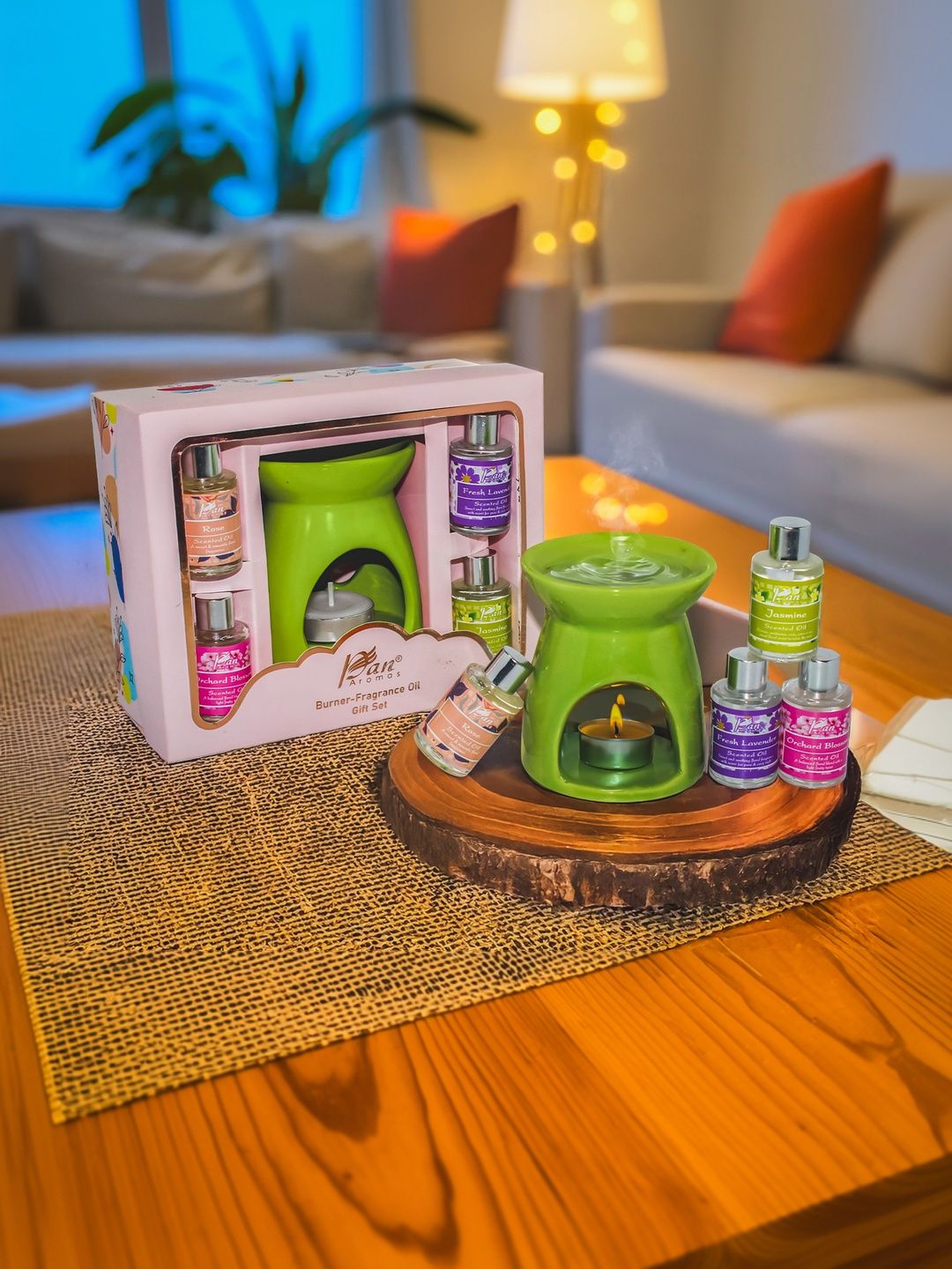 Pan Aromas Green Ceramic Aroma Diffuser With 4Pc Aroma Oils - 10ml Each-image-0