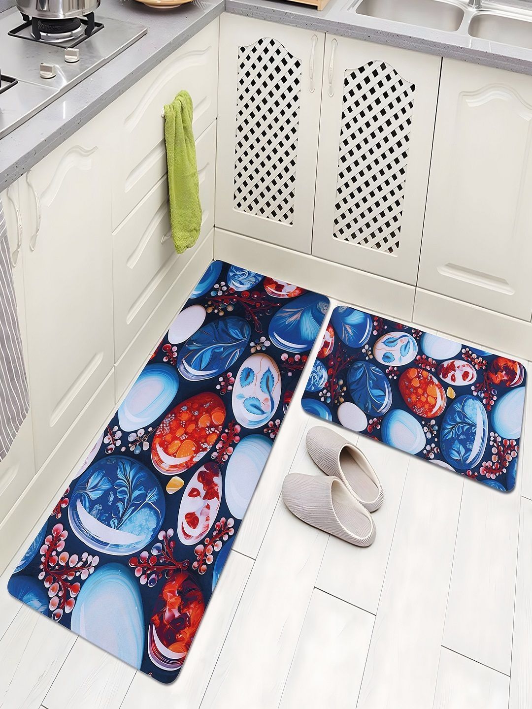 Aura Blue & White Printed Anti-Skid 2Pcs Kitchen Mats-picture-49