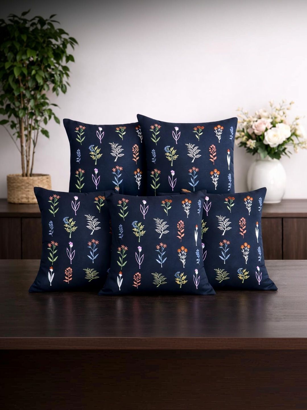 ZENSHA DECOR Navy Blue Set of 5 Embroidered Square Cushion Covers-picture-15