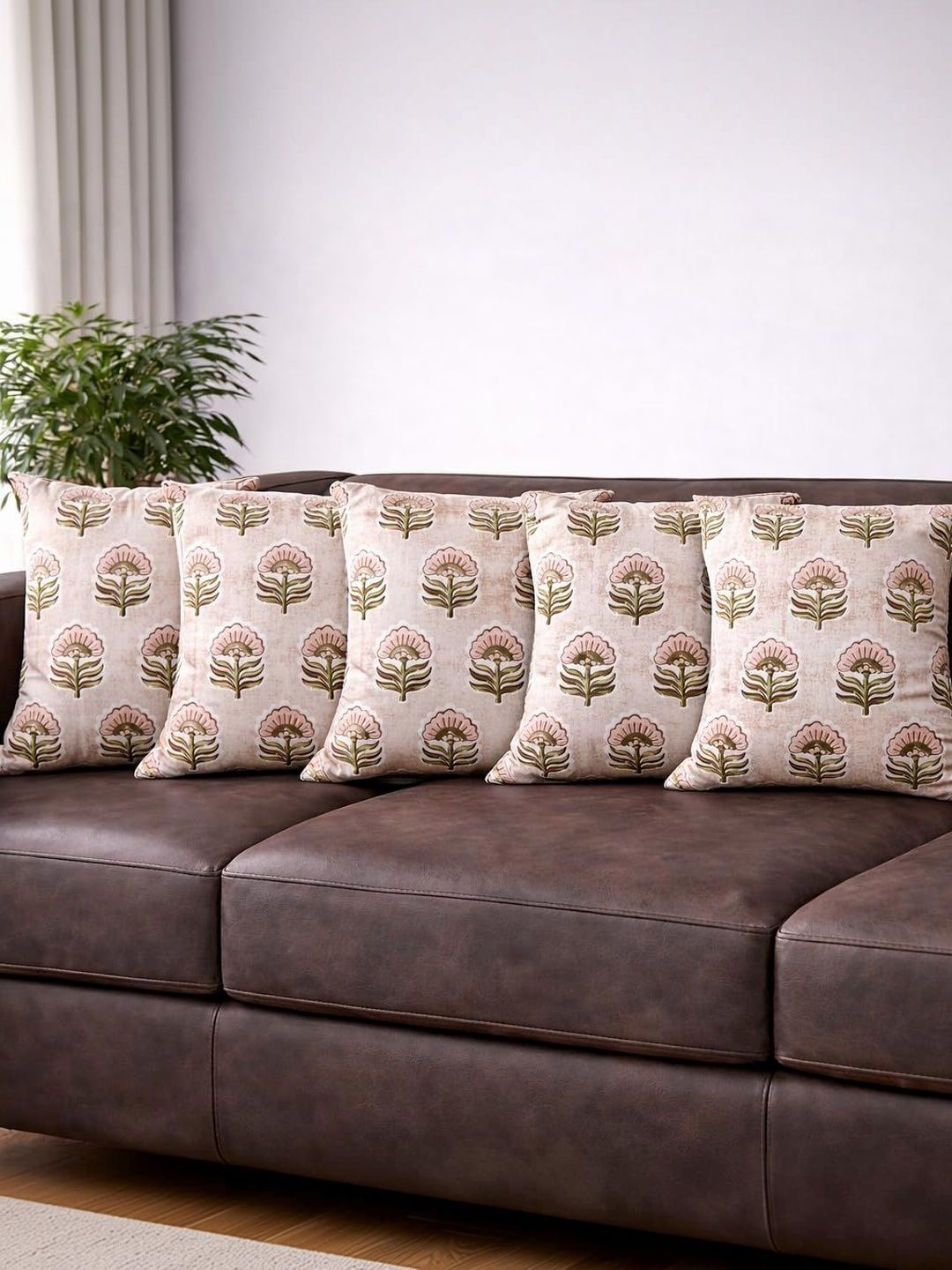ZENSHA DECOR Peach-Coloured Set of 5 Floral Square Cushion Covers-picture-13